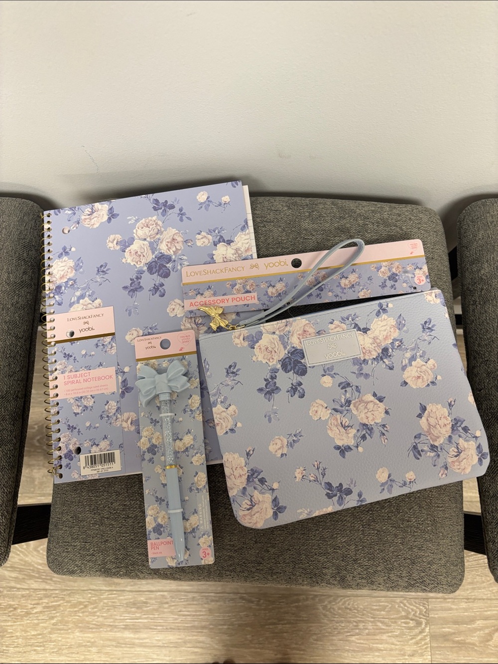 LoveShackFancy 3pc Blue Floral Accessory Pouch Set with Notebook & Bow Pen
